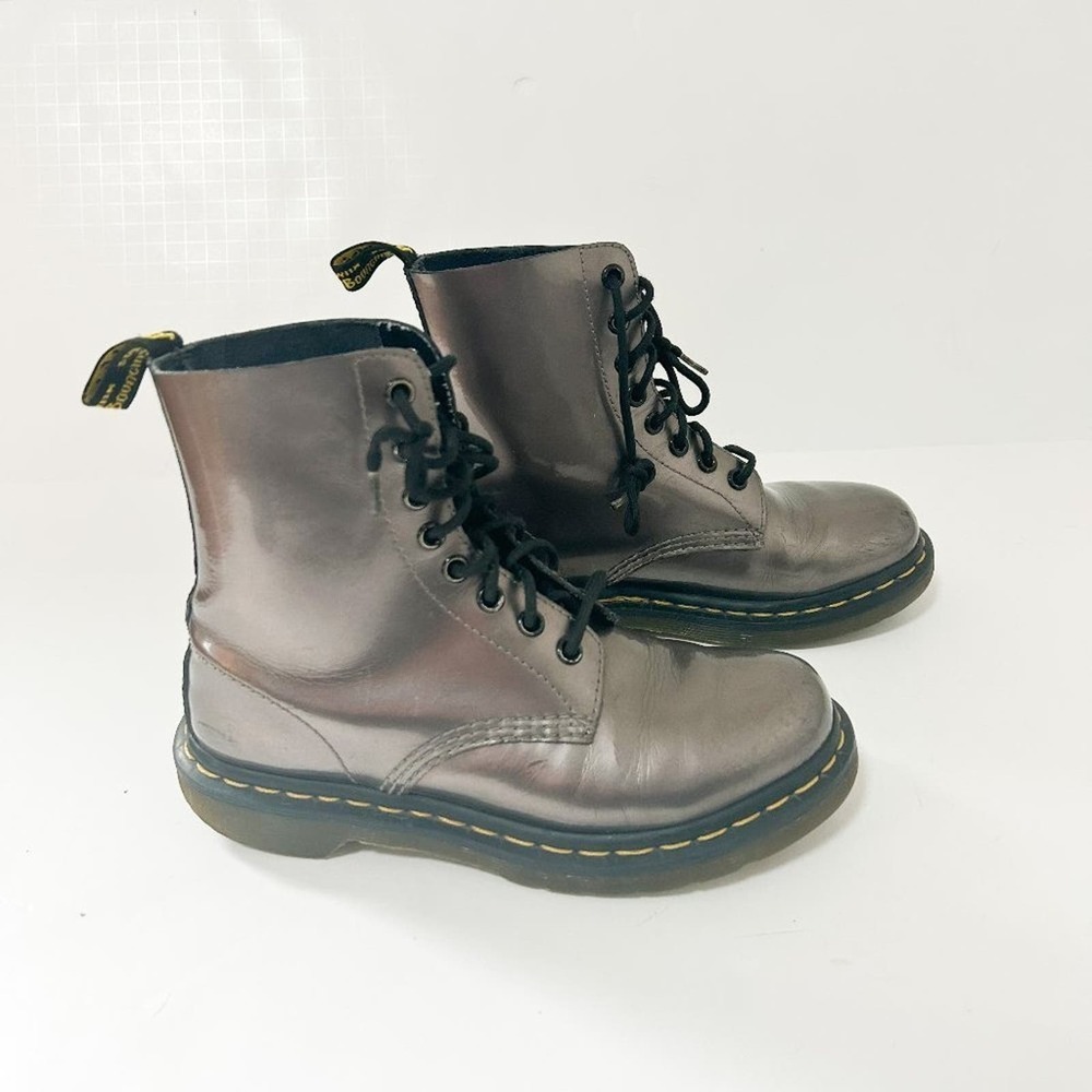 Dr. Martens Pascal Pewter Metallic Lace-Up Combat Boots Size Women's 6